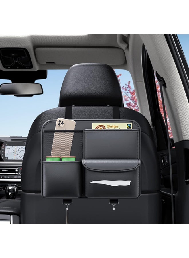 Soofam Leather Car Backseat Organizer - Hanging Seat Storage Bag for Snacks, Drinks, Toys, Magazines - Keeps Car Clean and Tidy - Essential Travel Accessories, Black - Image 1